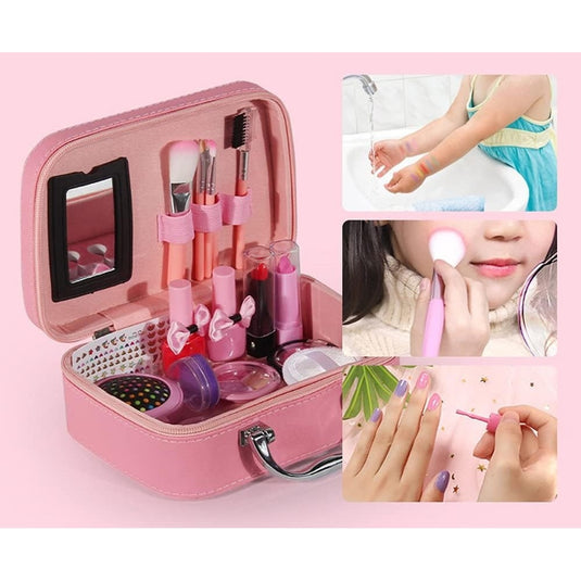 Trusa de Machiaj pentru Fetite, Model Sirena, Include Farduri, 2 Lacuri de Unghii, Pensule, Perie cu Oglinda, 2 Rujuri, Culori Solubile in Apa, Indiggo®, 5ani+, Pink Chic