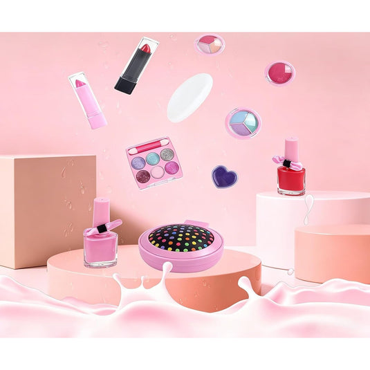 Trusa de Machiaj pentru Fetite, Model Sirena, Include Farduri, 2 Lacuri de Unghii, Pensule, Perie cu Oglinda, 2 Rujuri, Culori Solubile in Apa, Indiggo®, 5ani+, Pink Chic