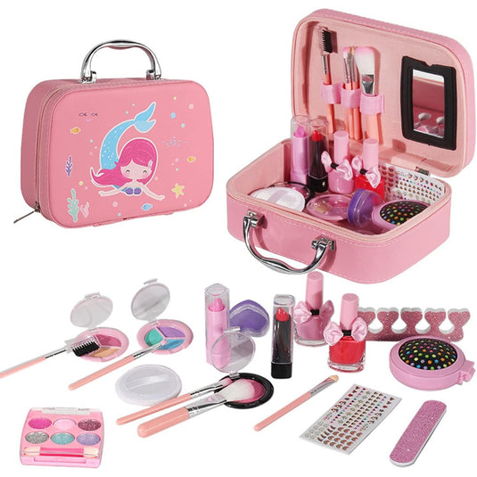 Trusa de Machiaj pentru Fetite, Model Sirena, Include Farduri, 2 Lacuri de Unghii, Pensule, Perie cu Oglinda, 2 Rujuri, Culori Solubile in Apa, Indiggo®, 5ani+, Pink Chic