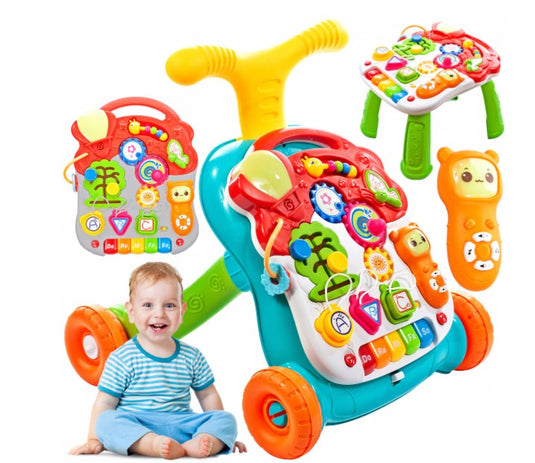 Antemergator Multifunctional cu Centru de Activitati si Joaca, Masuta Educativa, Telecomanda detasabila cu 15 Melodii, Pian, Panou pentru Invatarea Numerelor si Formelor, Lumini si Sunete, "Musical Walker", Multicolor