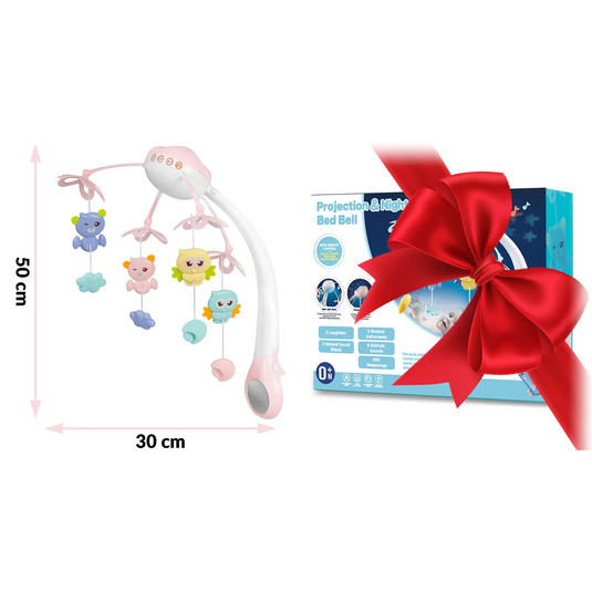 Carusel Muzical pentru Patut SweetSleep KinderVibe™, cu Telecomanda si Functie Cronometru, Proiector si Lumini de Noapte, Melodii Calmante, 4 Jucarii, Lampa LED cu 3 Moduri, Pink