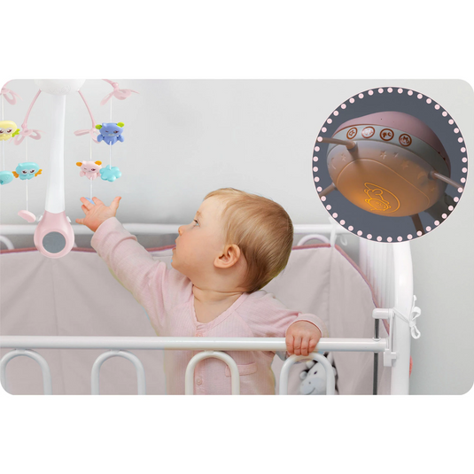 Carusel Muzical pentru Patut SweetSleep KinderVibe™, cu Telecomanda si Functie Cronometru, Proiector si Lumini de Noapte, Melodii Calmante, 4 Jucarii, Lampa LED cu 3 Moduri, Pink