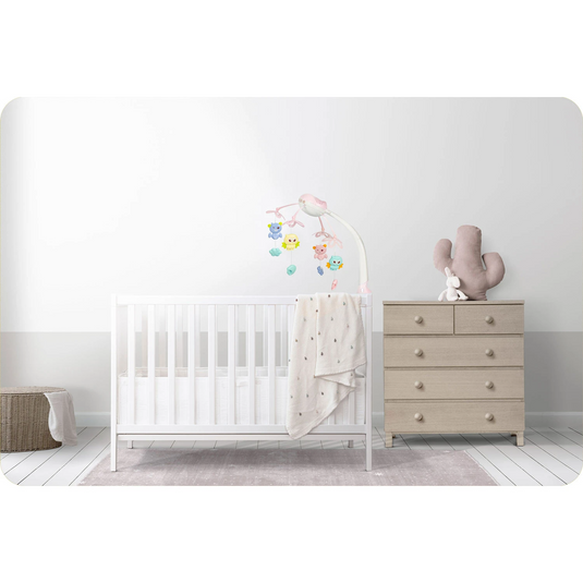 Carusel Muzical pentru Patut SweetSleep KinderVibe™, cu Telecomanda si Functie Cronometru, Proiector si Lumini de Noapte, Melodii Calmante, 4 Jucarii, Lampa LED cu 3 Moduri, Pink