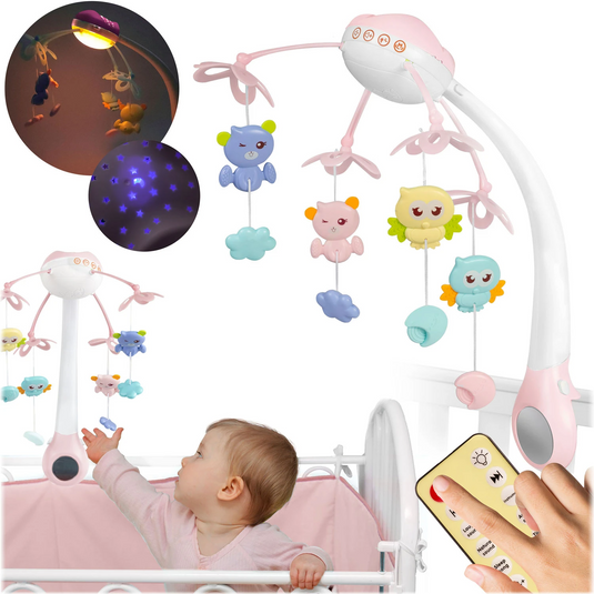 Carusel Muzical pentru Patut SweetSleep KinderVibe™, cu Telecomanda si Functie Cronometru, Proiector si Lumini de Noapte, Melodii Calmante, 4 Jucarii, Lampa LED cu 3 Moduri, Pink