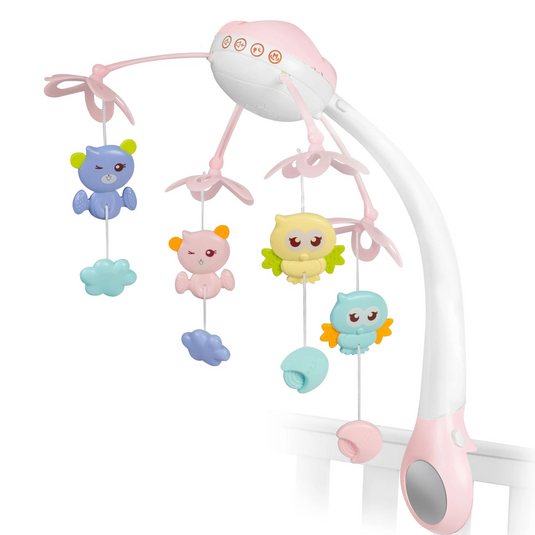 Carusel Muzical pentru Patut SweetSleep KinderVibe™, cu Telecomanda si Functie Cronometru, Proiector si Lumini de Noapte, Melodii Calmante, 4 Jucarii, Lampa LED cu 3 Moduri, Pink
