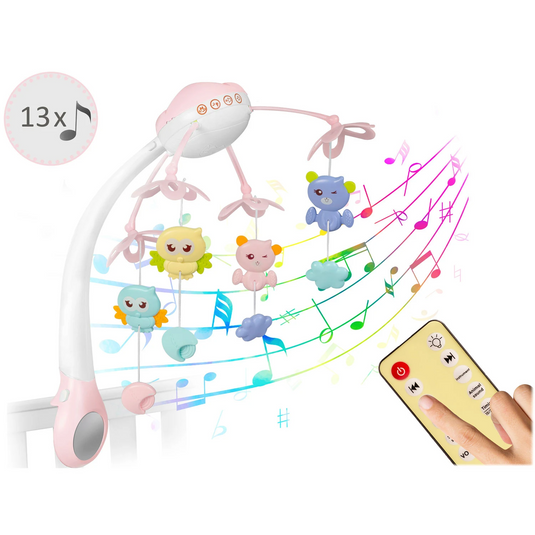 Carusel Muzical pentru Patut SweetSleep KinderVibe™, cu Telecomanda si Functie Cronometru, Proiector si Lumini de Noapte, Melodii Calmante, 4 Jucarii, Lampa LED cu 3 Moduri, Pink