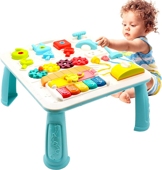 Masuta si Panou cu Activitati Montessori 2in1 BrainyBaby Indiggo@, Jucarie Muzicala, Lampa LED, Prajitor de Paine, Pian, Numere, Culori si Forme, Elemente Mobile, Distractiv si Educativ, Volum Reglabil, Blue