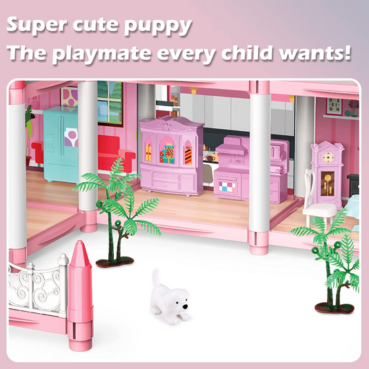 Casuta pentru Papusi DreamVilla KinderVibe™, cu 3 Etaje, 9 Camere, 2 Terase, Catel, Palmieri, Accesorii Mobilier Incluse si Detasabile, 48 CM Inaltime, Pink