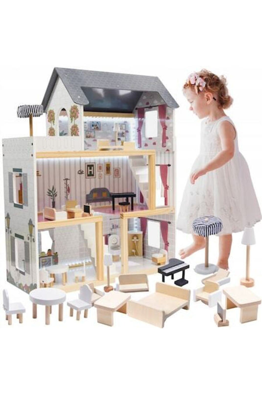Casuta de Papusi, din Lemn de Calitate, cu Iluminare LED, Dream House, 3 Niveluri, 4 Camere, Terasa si Scari, 16 Piese de Mobilier, Indiggo®, Inaltime 78cm, Alb/Gri