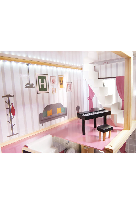Casuta de Papusi, din Lemn de Calitate, cu Iluminare LED, Dream House, 3 Niveluri, 4 Camere, Terasa si Scari, 16 Piese de Mobilier, Indiggo®, Inaltime 78cm, Alb/Gri