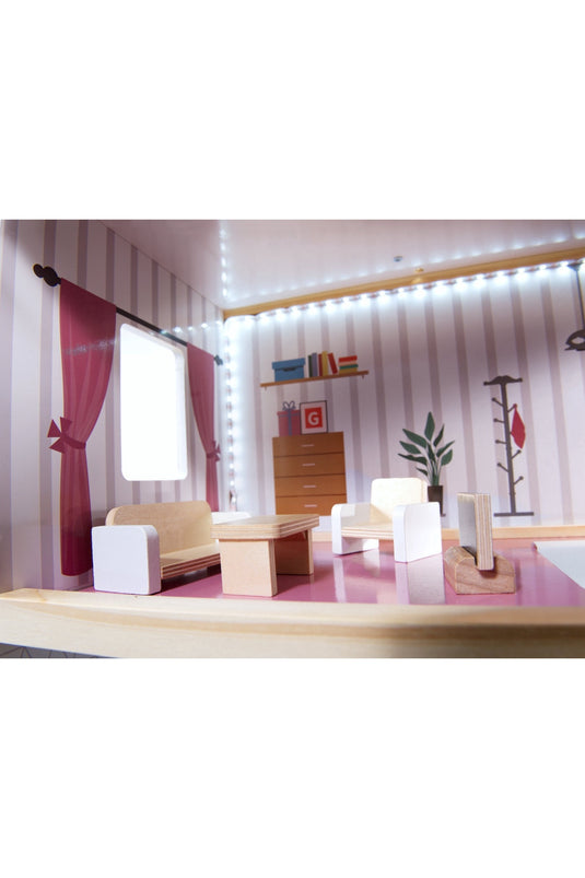 Casuta de Papusi, din Lemn de Calitate, cu Iluminare LED, Dream House, 3 Niveluri, 4 Camere, Terasa si Scari, 16 Piese de Mobilier, Indiggo®, Inaltime 78cm, Alb/Gri