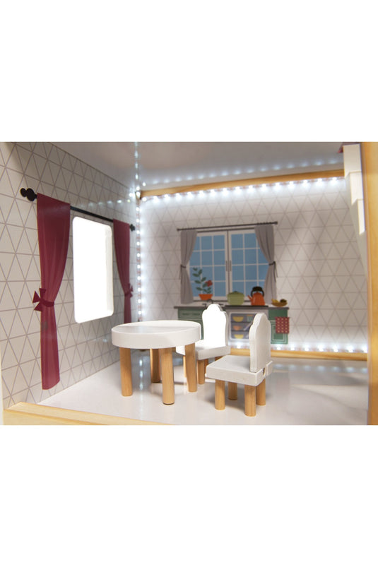 Casuta de Papusi, din Lemn de Calitate, cu Iluminare LED, Dream House, 3 Niveluri, 4 Camere, Terasa si Scari, 16 Piese de Mobilier, Indiggo®, Inaltime 78cm, Alb/Gri