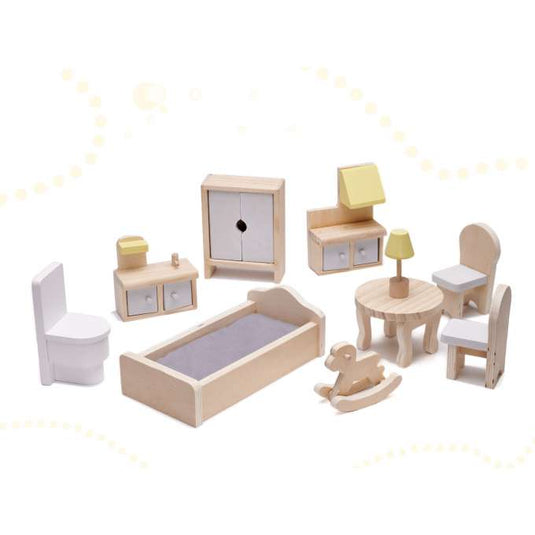 Casuta de Papusi, din Lemn de Calitate, Fancy Villa, 3 Niveluri, 4 Camere, Balcon si Scara Interioara, 10 Piese de Mobilier, Indiggo®, Inaltime 70cm, Natur