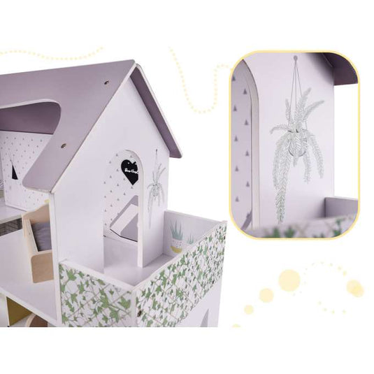 Casuta de Papusi, din Lemn de Calitate, Fancy Villa, 3 Niveluri, 4 Camere, Balcon si Scara Interioara, 10 Piese de Mobilier, Indiggo®, Inaltime 70cm, Natur