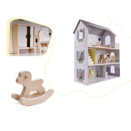 Casuta de Papusi, din Lemn de Calitate, Fancy Villa, 3 Niveluri, 4 Camere, Balcon si Scara Interioara, 10 Piese de Mobilier, Indiggo®, Inaltime 70cm, Natur