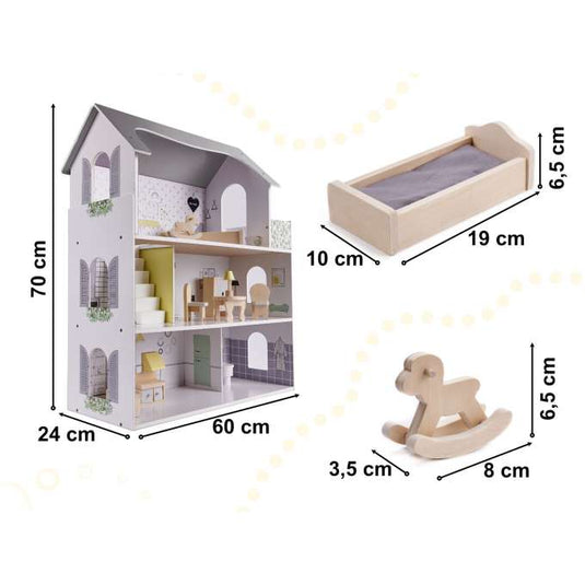 Casuta de Papusi, din Lemn de Calitate, Fancy Villa, 3 Niveluri, 4 Camere, Balcon si Scara Interioara, 10 Piese de Mobilier, Indiggo®, Inaltime 70cm, Natur