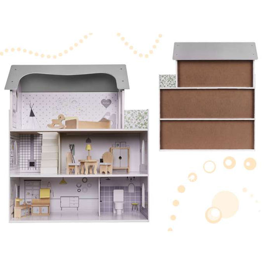 Casuta de Papusi, din Lemn de Calitate, Fancy Villa, 3 Niveluri, 4 Camere, Balcon si Scara Interioara, 10 Piese de Mobilier, Indiggo®, Inaltime 70cm, Natur