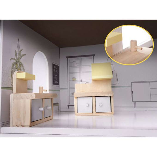Casuta de Papusi, din Lemn de Calitate, Fancy Villa, 3 Niveluri, 4 Camere, Balcon si Scara Interioara, 10 Piese de Mobilier, Indiggo®, Inaltime 70cm, Natur