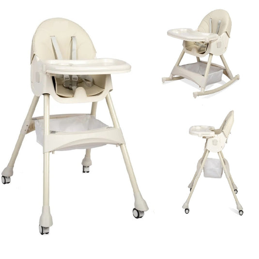 Scaun de Masa Pliabil 4 in1 KinderVibe™ 6 Luni +, Multifunctional si Stabil, Tavita si Husa Detasabile si Lavabile, Roti, Centura de Siguranta 5 Puncte, Ajustabil pe Inaltime, Rezistent la Murdarie, Cos de Depozitare, White Gray