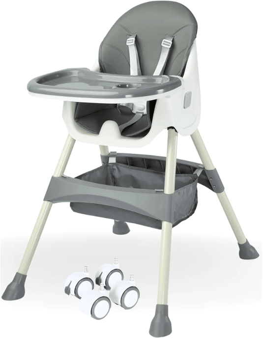 Scaun de Masa Pliabil 4 in 1 KinderVibe™ 6 Luni +, Multifunctional si Stabil, Tavita si Husa Detasabile si Lavabile, Roti, Centura de Siguranta 5 Puncte, Ajustabil pe Inaltime, Balansoar, Cos de Depozitare, Dove Grey