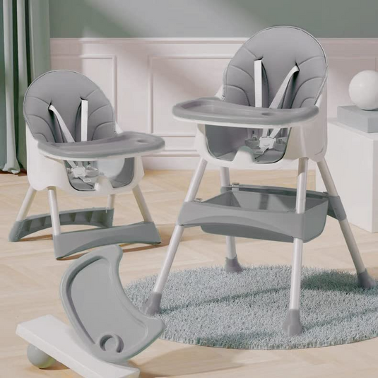 Scaun de Masa Pliabil 4 in 1 KinderVibe™ 6 Luni +, Multifunctional si Stabil, Tavita si Husa Detasabile si Lavabile, Roti, Centura de Siguranta 5 Puncte, Ajustabil pe Inaltime, Balansoar, Cos de Depozitare, Dove Grey