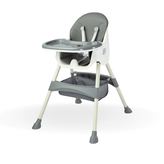 Scaun de Masa Pliabil 4 in 1 KinderVibe™ 6 Luni +, Multifunctional si Stabil, Tavita si Husa Detasabile si Lavabile, Roti, Centura de Siguranta 5 Puncte, Ajustabil pe Inaltime, Balansoar, Cos de Depozitare, Dove Grey