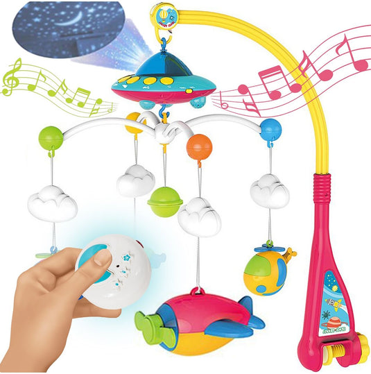 Carusel muzical patut bebelusi cu telecomanda, 3 Moduri Functionare, Volum reglabil, 108 Melodii si Proiector de Veghe Rotativ, Suport fixare Universal "Space Adventures"