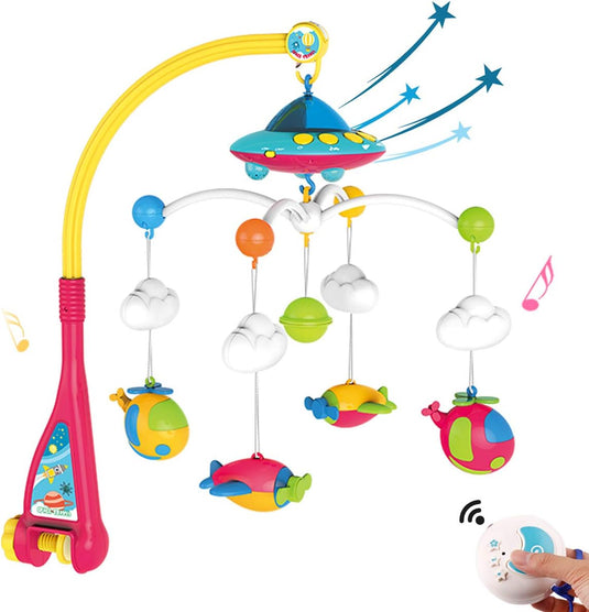 Carusel muzical patut bebelusi cu telecomanda, 3 Moduri Functionare, Volum reglabil, 108 Melodii si Proiector de Veghe Rotativ, Suport fixare Universal "Space Adventures"