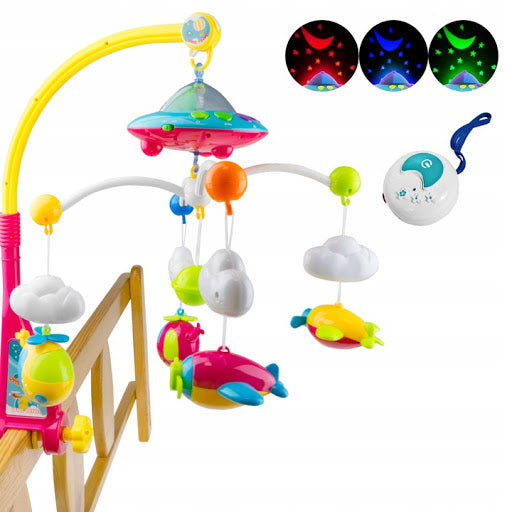 Carusel muzical patut bebelusi cu telecomanda, 3 Moduri Functionare, Volum reglabil, 108 Melodii si Proiector de Veghe Rotativ, Suport fixare Universal "Space Adventures"