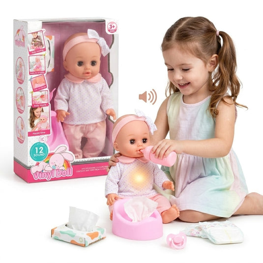Papusa Bebelus pentru Copii, CuteBaby, cu Cap, Maini si Picioare din Cauciuc, Inchide Ochii, cu Sunete, Haine Detasabile, Biberon, Suzeta, Indiggo, Inaltime 29cm, 3ani+, Pink Blush