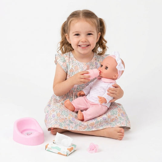 Papusa Bebelus pentru Copii, CuteBaby, cu Cap, Maini si Picioare din Cauciuc, Inchide Ochii, cu Sunete, Haine Detasabile, Biberon, Suzeta, Indiggo, Inaltime 29cm, 3ani+, Pink Blush