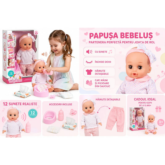 Papusa Bebelus pentru Copii, CuteBaby, cu Cap, Maini si Picioare din Cauciuc, Inchide Ochii, cu Sunete, Haine Detasabile, Biberon, Suzeta, Indiggo, Inaltime 29cm, 3ani+, Pink Blush