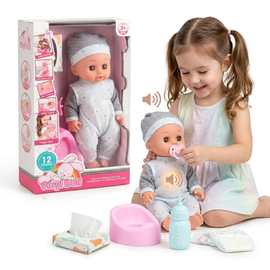 Papusa Bebelus pentru Copii, CuteBaby, cu Cap, Maini si Picioare din Cauciuc, Inchide Ochii, cu Sunete, Haine Detasabile, Biberon, Suzeta, Indiggo, Inaltime 29cm, 3ani+, Grey Blue