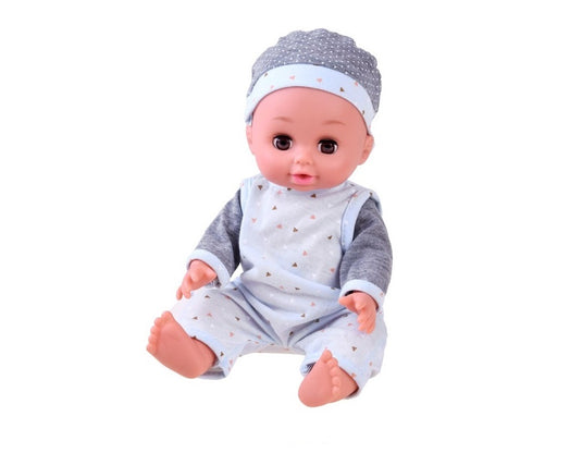 Papusa Bebelus pentru Copii, CuteBaby, cu Cap, Maini si Picioare din Cauciuc, Inchide Ochii, cu Sunete, Haine Detasabile, Biberon, Suzeta, Indiggo, Inaltime 29cm, 3ani+, Grey Blue