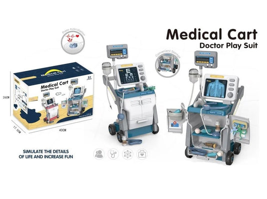 Set de Joaca, Carucior Medical pentru Copii, 15 Piese, cu Sunete, Include Radiografii, Stetoscop, Termometru, Seringa, Portabil, Stimuleaza Imaginatia si Jocul de Rol, Indiggo, 3ani+, Dimensiune 57x23cm, Bleumarin