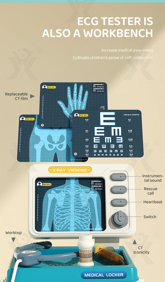 Set de Joaca, Carucior Medical pentru Copii, 15 Piese, cu Sunete, Include Radiografii, Stetoscop, Termometru, Seringa, Portabil, Stimuleaza Imaginatia si Jocul de Rol, Indiggo, 3ani+, Dimensiune 57x23cm, Bleumarin