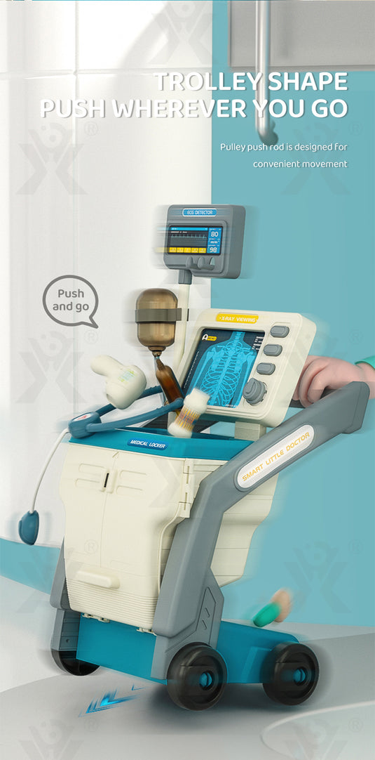 Set de Joaca, Carucior Medical pentru Copii, 15 Piese, cu Sunete, Include Radiografii, Stetoscop, Termometru, Seringa, Portabil, Stimuleaza Imaginatia si Jocul de Rol, Indiggo, 3ani+, Dimensiune 57x23cm, Bleumarin