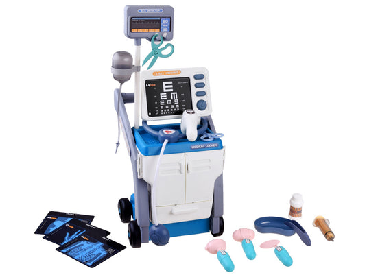 Set de Joaca, Carucior Medical pentru Copii, 15 Piese, cu Sunete, Include Radiografii, Stetoscop, Termometru, Seringa, Portabil, Stimuleaza Imaginatia si Jocul de Rol, Indiggo, 3ani+, Dimensiune 57x23cm, Bleumarin