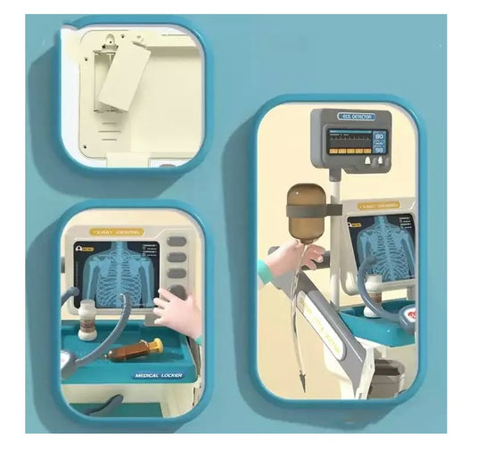 Set de Joaca, Carucior Medical pentru Copii, 15 Piese, cu Sunete, Include Radiografii, Stetoscop, Termometru, Seringa, Portabil, Stimuleaza Imaginatia si Jocul de Rol, Indiggo, 3ani+, Dimensiune 57x23cm, Bleumarin