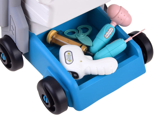 Set de Joaca, Carucior Medical pentru Copii, 15 Piese, cu Sunete, Include Radiografii, Stetoscop, Termometru, Seringa, Portabil, Stimuleaza Imaginatia si Jocul de Rol, Indiggo, 3ani+, Dimensiune 57x23cm, Bleumarin