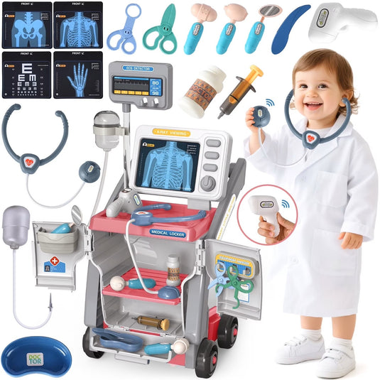 Set de Joaca, Carucior Medical pentru Copii, 15 Piese, cu Sunete, Include Radiografii, Stetoscop, Termometru, Seringa, Portabil, Stimuleaza Imaginatia si Jocul de Rol, Indiggo, 3ani+, Dimensiune 57x23cm, Roz