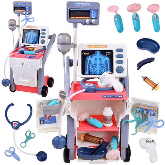 Set de Joaca, Carucior Medical pentru Copii, 15 Piese, cu Sunete, Include Radiografii, Stetoscop, Termometru, Seringa, Portabil, Stimuleaza Imaginatia si Jocul de Rol, Indiggo, 3ani+, Dimensiune 57x23cm, Roz
