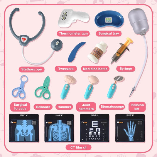 Set de Joaca, Carucior Medical pentru Copii, 15 Piese, cu Sunete, Include Radiografii, Stetoscop, Termometru, Seringa, Portabil, Stimuleaza Imaginatia si Jocul de Rol, Indiggo, 3ani+, Dimensiune 57x23cm, Roz
