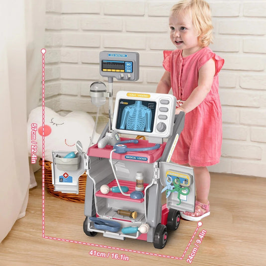 Set de Joaca, Carucior Medical pentru Copii, 15 Piese, cu Sunete, Include Radiografii, Stetoscop, Termometru, Seringa, Portabil, Stimuleaza Imaginatia si Jocul de Rol, Indiggo, 3ani+, Dimensiune 57x23cm, Roz