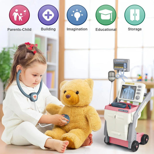 Set de Joaca, Carucior Medical pentru Copii, 15 Piese, cu Sunete, Include Radiografii, Stetoscop, Termometru, Seringa, Portabil, Stimuleaza Imaginatia si Jocul de Rol, Indiggo, 3ani+, Dimensiune 57x23cm, Roz