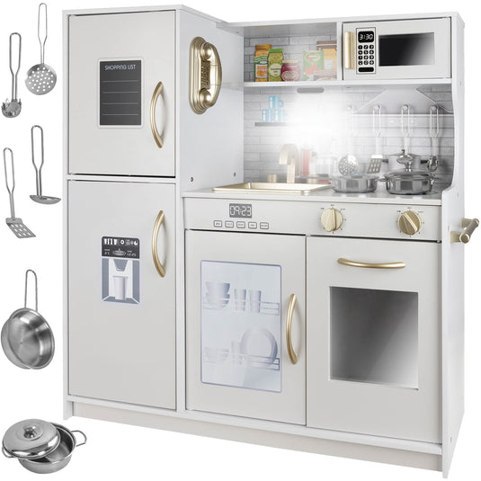 Set Bucatarie pentru Copii din Lemn Natural, FrenchCuisine, KinderVibe, Spot LED, Elemente Detasabile, Set Ustensile, Cuptor cu Butoane, Telefon, Plita, Microunde, Chiuveta, 80.5 CM Inaltime, Alb/Auriu