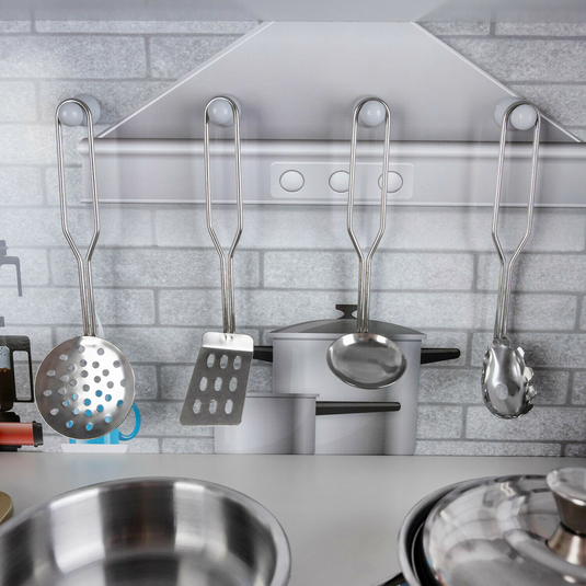 Set Bucatarie pentru Copii din Lemn Natural, FrenchCuisine, KinderVibe, Spot LED, Elemente Detasabile, Set Ustensile, Cuptor cu Butoane, Telefon, Plita, Microunde, Chiuveta, 80.5 CM Inaltime, Alb/Auriu