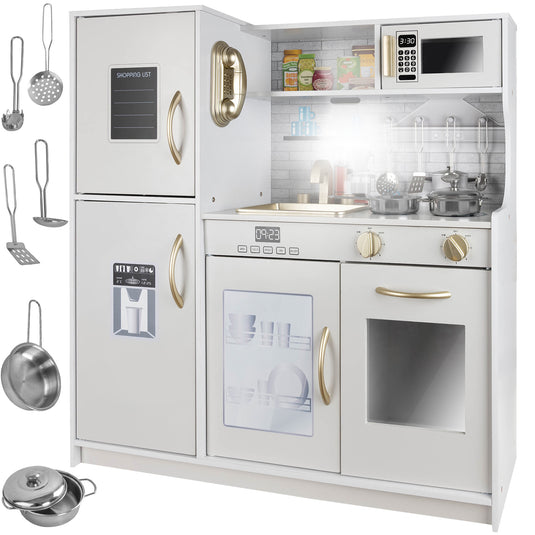 Set Bucatarie pentru Copii din Lemn Natural, FrenchCuisine, KinderVibe, Spot LED, Elemente Detasabile, Set Ustensile, Cuptor cu Butoane, Telefon, Plita, Microunde, Chiuveta, 80.5 CM Inaltime, Alb/Auriu