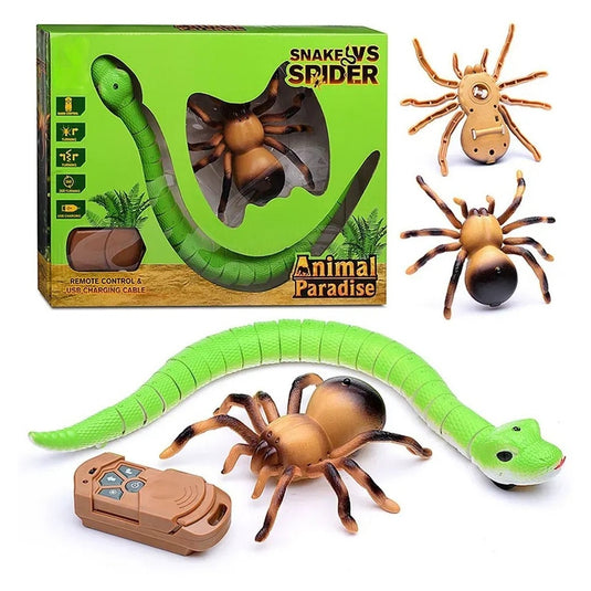 Set Jucarii Interactive pentru Copii, Sarpe si Paianjen cu Telecomanda, Miscari Realiste, Incarcare prin USB, Miscari Realiste, Telecomanda cu Infrarosu, Indiggo, 3ani+, Verde/Maro