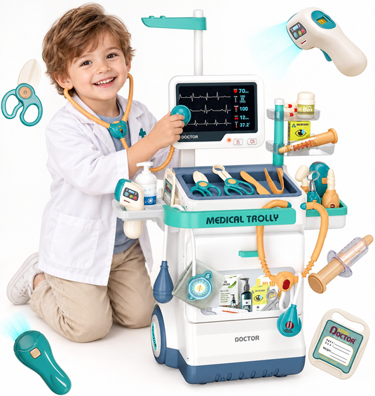 Set de Joaca, Carucior Medical pentru Copii, 26 Piese, cu Sunete, Include Radiografii, Stetoscop, Termometru, Seringa, Portabil, Stimuleaza Imaginatia si Jocul de Rol, Indiggo, 3ani+, Dimensiune 115x46.5cm, Turcoaz